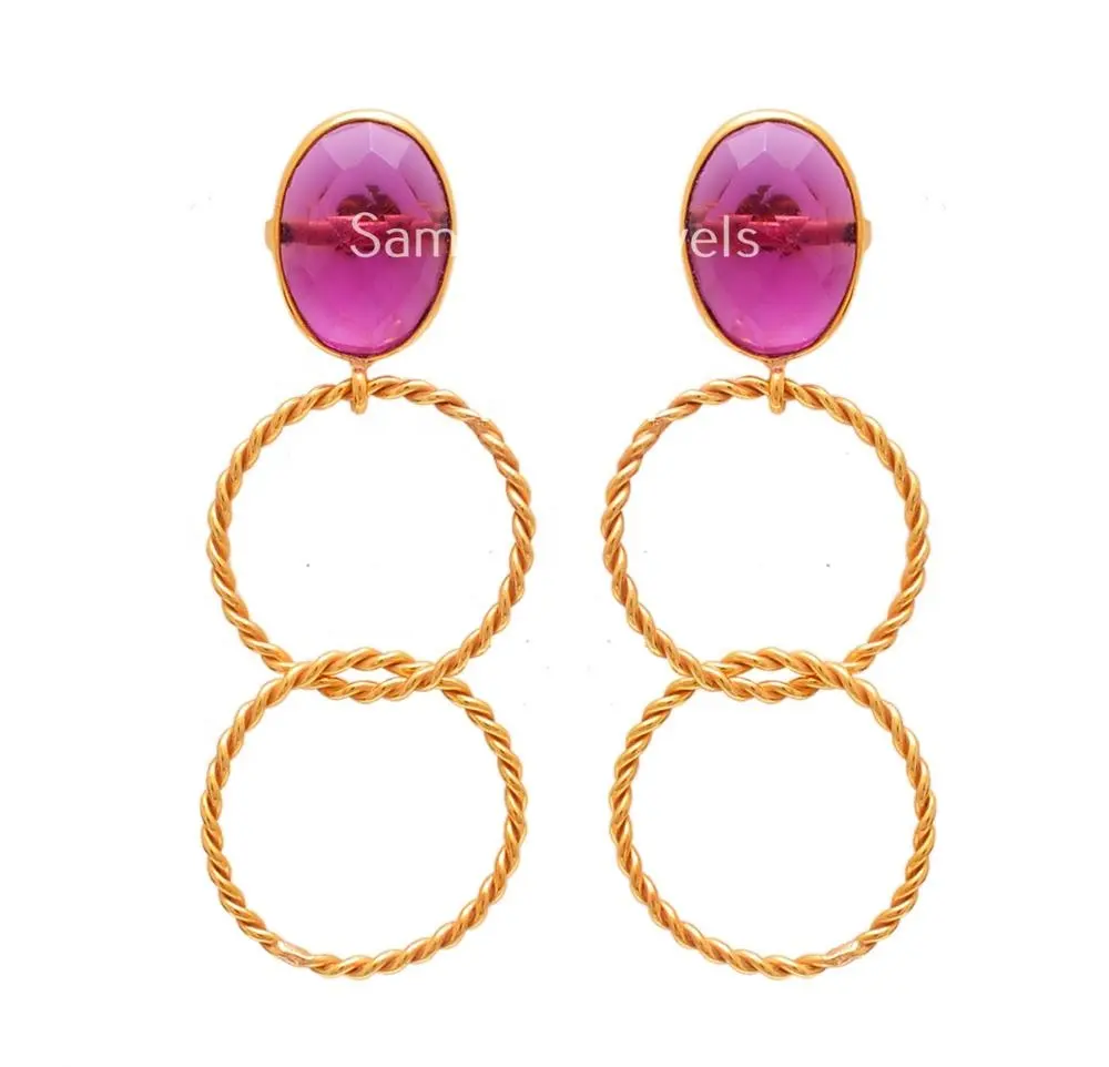 18K Gold Plated Pink Tourmaline Earrings 925 Sterling Silver Stud Earrings Handmade Fancy Double Layer Gold Hoop Earrings