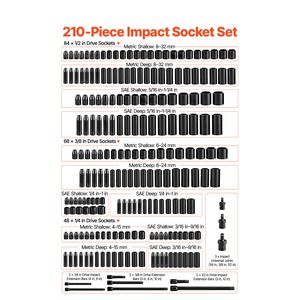210-Piece Drive <b>Impact</b> <b>Socket</b> Set SAE 3/16 1 1/4 Inch 1/4 3/8 1/2 Inch 6 Point Deep Shallow <b>Impact</b> <b>Sockets</b> for Auto Repair Tool - Product Image 3