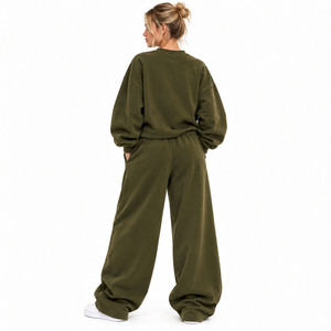 High Quality Rhinestone Gothic Print Oversized Sweatshirt Wide Leg Joggers Olive Green <b>Sparkly</b> Tracksuit 100% Cotton Fleece Set - Product Image 2