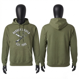 Sweat à capuche pour barbier en molleton de coton mélangé 240 GSM de qualité supérieure, vert olive, imprimé personnalisé avec logo d'outils de barbier, doux, chaud et coupe-vent - Product Image 1