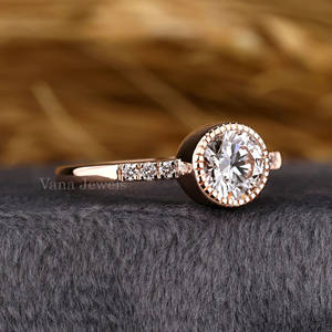 Solitaire Art déco Milgrain lunette bague de réglage en or massif 14 carats avec diamant de laboratoire de coupe ronde pour la fête porter bague cadeau elle - Product Image 5