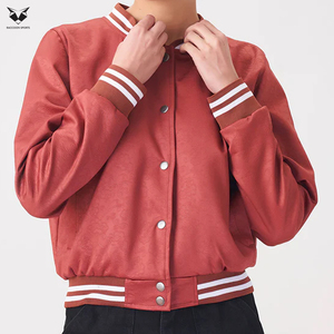 Women's <b>Red</b> Varsity Jacket Full Sleeve Button Up Collar Solid Color Autumn Wear Woven Polyester <b>Material</b> With Own Logo Print - Product Image 3
