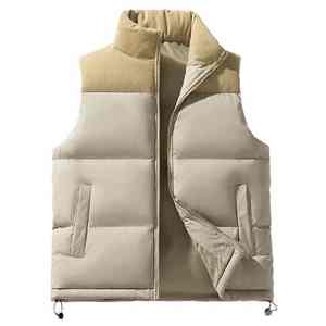 Men's <b>Brown</b> Stand Collar Sleeveless Puffer <b>Vest</b> Windproof Polyester Winter Casual Jacket With Zipper Pockets - Product Image 4