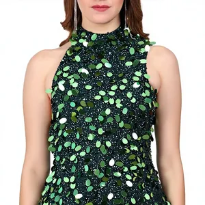 Vestido de cóctel verde bosque con lentejuelas, sin mangas, cuello alto, dobladillo asimétrico, largo por encima de la rodilla, para fiesta y noche - Product Image 5