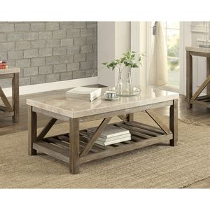 Table basse en bois blanc crème de style industriel, 1 pièce, avec support incliné, étagère inférieure et plateau en marbre pour salon - Product Image 1