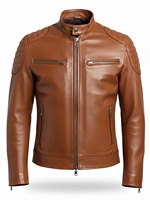Blouson Bomber Homme en Cuir PU Écologique Style Moto avec Fermeture Éclair Col Rabattable Noir Uni avec Accents Marron 220g Automne