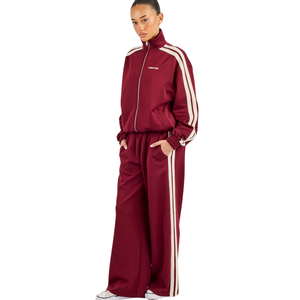 Womens Full <b>Zip</b> High Collar Tracksuit Set Three <b>Side</b> Stripe Top Wide Leg <b>Trousers</b> Elastic Drawstring Waist 2 Piece Casual Outfit - Product Image 6