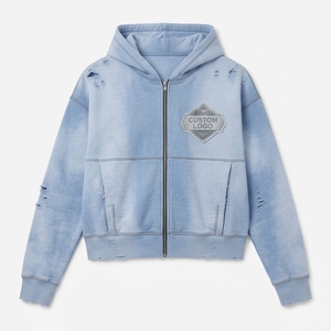 Blouson polaire zippé pour femme, bleu délavé, effet denim déchiré et vieilli, coupe courte, style streetwear oversize, logo personnalisé - Product Image 1