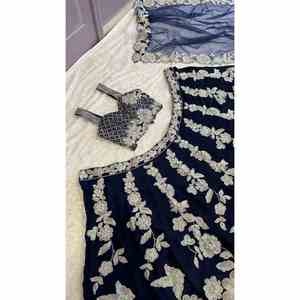 DISEÑADOR SECUENCIA DE SECUENCIA BORDADA TRABAJO LEHENGA CHOLI CON DUPATTA AZUL MARINO Punjabi - Product Image 2