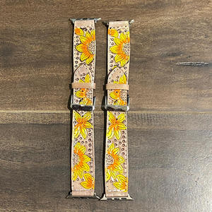Custom Luxury Sunflower Design Hand-Tooled Genuine Leather <b>Watch</b> Straps Quick Release <b>Smart</b> <b>Watch</b> Durable Wristband for Unisex - Product Image 4