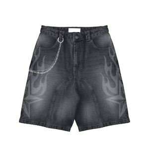 <b>Men's</b> Gothic Printed Denim Shorts With <b>Cross</b> Pattern And <b>Chain</b> Decoration Mid Waist Woven Cotton Shorts - Product Image 2