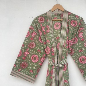 Bata tipo kimono con estampado floral para mujer, corte holgado, manga tres cuartos, cuello oblicuo, cierre con cordón, ropa de primavera - Product Image 6