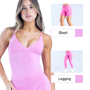 Pink V-Neck Spaghetti Strap Yoga Set High Waist <b>Shorts</b> <b>Legging</b> Twisted Design Four-Way Stretch Solid Color - Product Image 1