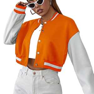 Orange <b>White</b> Contrast Baseball Jacket Full Sleeve Short Length <b>Button</b> Closure Women's Crop Top Jacket - Product Image 1