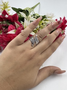 Wholesale Leaf <b>Silver</b> Plated <b>Ring</b> Vintage <b>Adjustable</b> Feather Brass <b>Ring</b> For Women - Product Image 3