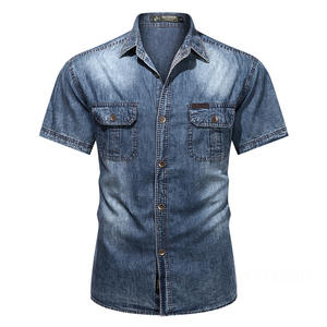 Camisa de Mezclilla de Manga Corta para Hombre, Cuello Camisero, Color Sólido, Abotonada, Corte Ajustado Informal para Otoño - Product Image 1