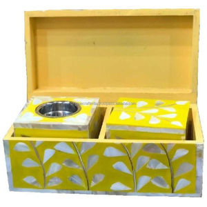 Juego de bandejas hexagonales con incrustaciones geométricas de hueso amarillo hechas a mano, con caja para incienso, decoración moderna de lujo para el hogar. - Product Image 2