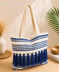 Bohemian Striped Cotton Tote <b>Bag</b> With Blue Tassels Women's Shoulder <b>Bag</b> Casual <b>Beach</b> Handbag <b>Lightweight</b> Open Top Design ready - Product Image 1