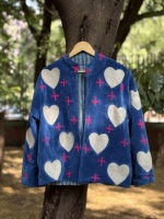 Veste décontractée en velours brodé en forme de cœur, 100 % coton, faite à la main à Jaipur, col mandarin élégant, style Suzani, automne, duveteuse