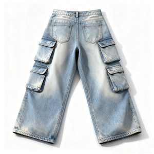 Pantalon cargo en denim pour adultes, marque privée, écologique, décontracté, coupe ample confortable, taille mi-haute, style utilitaire - Product Image 1