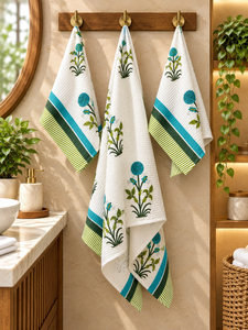 Wholesale <b>Hand</b> Block Printed Cotton Bath <b>Towel</b> Set, Botanical Floral Waffle Weave <b>Towels</b>, Indian Printed Soft Absorbent <b>Bathroom</b> - Product Image 1