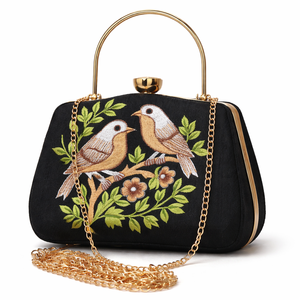 Bolso de Mano Clásico de Terciopelo Bordado con Diseño de Media Luna y Perlas, Elegante Bolso de Noche con Correa de Cadena - Product Image 1