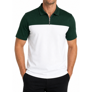 Men's dark Green <b>White</b> Color Block Short Sleeve <b>Polo</b> Shirt With Zipper Casual Style - Product Image 1