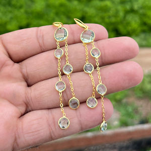 Pendientes de gancho con diseño de gota, chapados en oro, con cuarzo amatista verde de corte a cuadros, múltiples piedras redondas, joyería de regalo, recién llegados. - Product Image 6