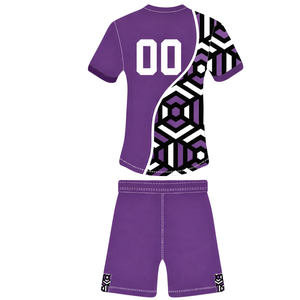 Conjunto de Camiseta y Pantalones Cortos de Rugby Geométricos en Morado, Negro y Blanco, Cuello Redondo, Manga Corta, Personalizable, Transpirable, para Entrenamiento Deportivo en Equipo - Product Image 2
