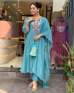 Women's Sky Blue Color Straight Chanderi Silk <b>Kurti</b> with Chanderi Pant Best Quality Organza digital Print Dupatta Sets - Product Image 5