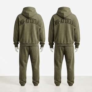 Custom <b>Oversized</b> Olive Green Hoodie and Cargo <b>Jogger</b> Sweatpants Set Heavyweight Cotton Streetwear OEM Wholesale - Product Image 4