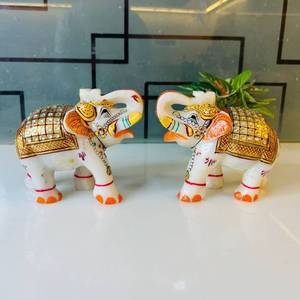 Handmade Painted Stone <b>Elephant</b> Figurine Pair Feng Shui Home <b>Decoration</b> White Gold Orange <b>Decorative</b> Statues - Product Image 1