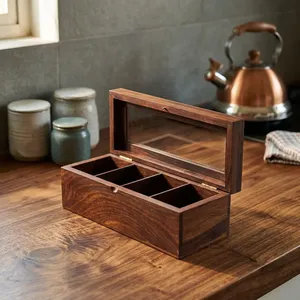 Boîte à épices en bois avec 4 grands compartiments et cuillère, boîte à masala de cuisine, boîte à épices en bois Namak Dani, récipient de rangement pour épices multifonctionnel - Product Image 5