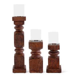 Elegante Juego de Portavelas de Cristal con Pilar de Madera Tallada, Decoración Tradicional para el Suelo - Product Image 1