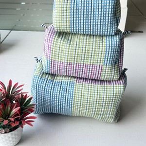 Set Of 3 Cotton Drawstring Cosmetic <b>Toiletry</b> Bag With Panelled Checkered Pattern For Travel And Makeup <b>Storage</b> - Product Image 1
