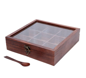 Wood Spice <b>Box</b> Glass Lid 9 Compartments Wooden Spoon Food Grade Dishwasher-Safe <b>Herb</b> Storage Container for Kitchen Use - Product Image 1