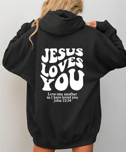 Sudadera con Capucha de Forro Polar para Hombre, Estilo Oversize, con Estampado 'Jesus Loves You' en la Espalda, Ropa Casual de Fe, 100% Algodón - Product Image 3