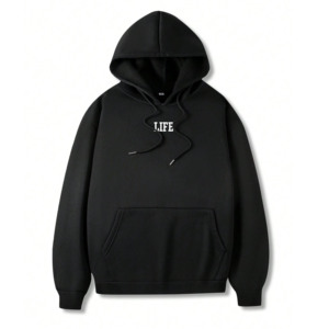 เสื้อฮู้ดผู้ชายสีดำทรงโอเวอร์ไซส์ พิมพ์ลายด้านหน้า ผ้าฝ้ายฟลีซ สไตล์ลำลอง สตรีทแวร์ มีกระเป๋า แขนปกติ เหมาะสำหรับใส่ในฤดูหนาว - Product Image 1