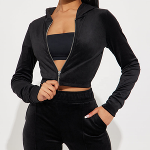 High Quality <b>Women</b> Black <b>Velvet</b> 2 Piece Set Cropped Zip Hoodie Pocket Long Pants Casual <b>Tracksuit</b> Matching Velour Sweatsuit - Product Image 4