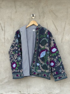 Handmade Cotton <b>Velvet</b> Suzani Bomber <b>Jacket</b> Plus Size <b>Women</b> Full Sleeve Floral Embroidery Eco-Friendly Breathable Reversible - Product Image 5