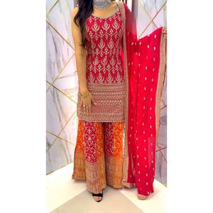 ชุดท็อปผ้าจอร์เจตต์ปักลายแฟชั่น พร้อมกางเกงปาลาซโซและผ้าคลุมไหล่ สีแดง - Product Image 4