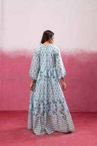 Women Floral Printed Floor-Length Bell Sleeve Boho Cotton <b>Loose</b> Fit Tie Neck Eco-Friendly Tassel Casual Summer <b>Dress</b> - Product Image 6