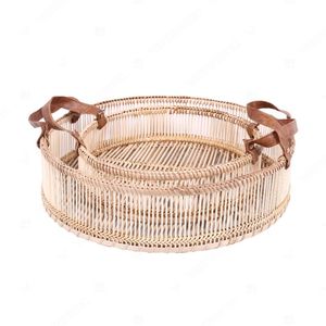 Plateaux de service et de rangement THE PALISADE en bambou et rotin avec poignées en cuir - Product Image 4