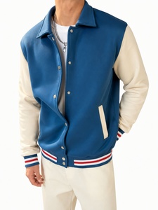 Blouson universitaire bleu pour homme avec poignets rayés rouge et blanc, col montant, fermeture à bouton unique, style décontracté, coupe régulière, séchage rapide - Product Image 5