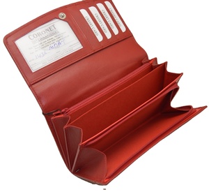 Fashion Standard Size Red <b>Long</b> Genuine Leather Women's <b>Wallet</b> Button Closure RFID Protection Polyester Lining Large Capacity - Product Image 6
