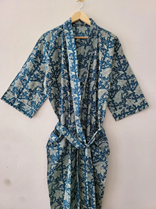 Flock Printed Indigo Knitted Cotton Kimono Robe Artisanal Floral Jaipuri Print Casual Loungewear Breathable Summer <b>Dressing</b> <b>Gown</b> - Product Image 3