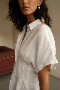 Camisa de Lino Blanca para Mujer, Blusa Ajustada de Manga Corta, Top de Verano con Cuello, Camisa de Lino Casual Personalizada - Product Image 6