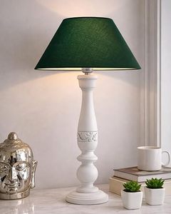 White <b>Wood</b> Table <b>Lamp</b> Linen Shade Carved Floral Traditional Housewarming <b>Bedside</b> Decorative Light for Living Room Bedroom - Product Image 3