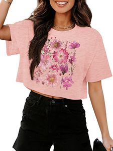 T-shirt court graphique pour femme à manches courtes et col rond, décontracté, été, vente en gros OEM - Product Image 1