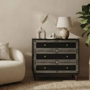 Handcrafted <b>Black</b> Bone Inlay Nightstand 3 Drawer Geometric <b>Bedside</b> <b>Table</b> for Home Decoration - Product Image 3